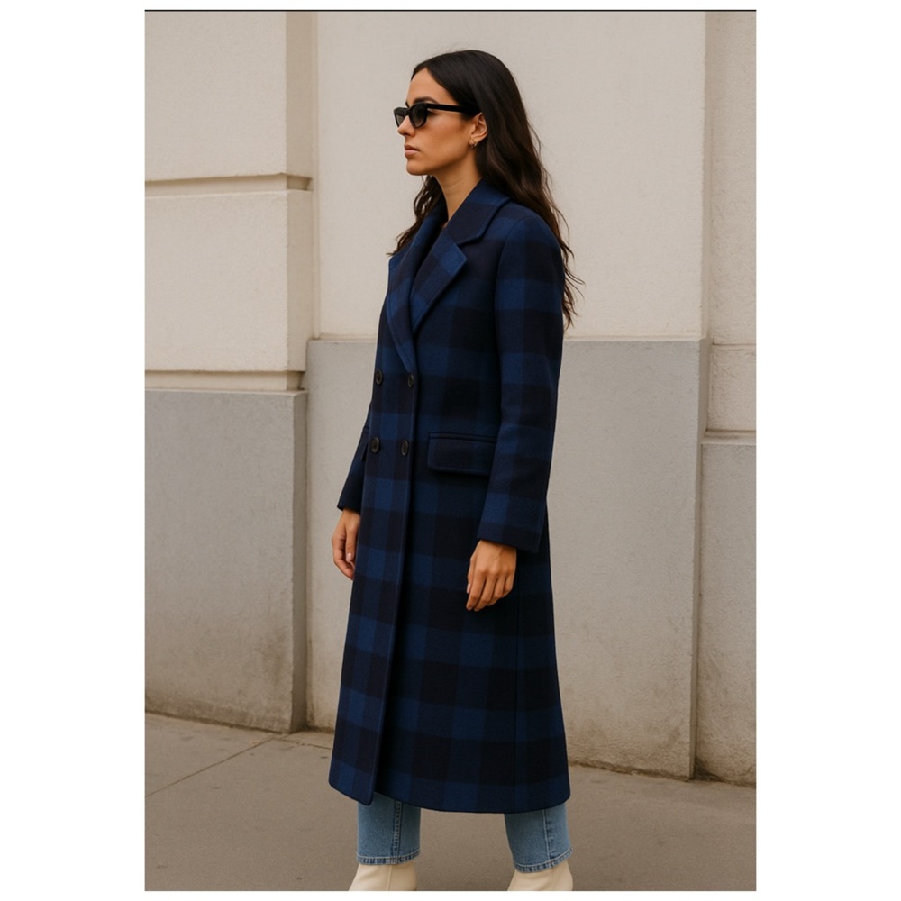 Madewell Gianna Navy Blue Plaid Wool Blend Long Peacoat Jacket Size 10 NWT